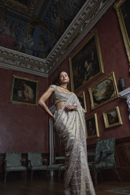 Champagne Emerald Crystal Saree