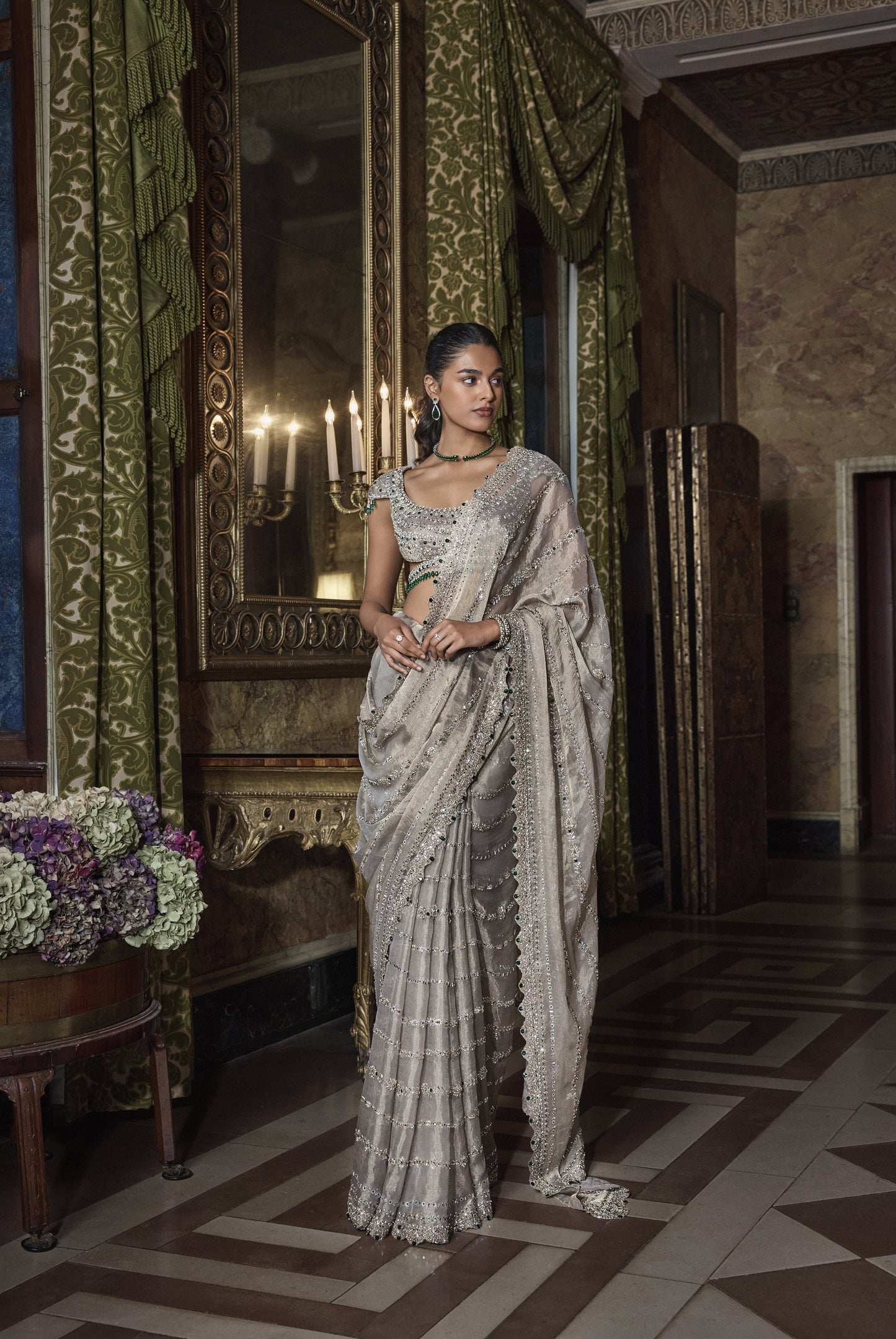 Champagne Emerald Crystal Saree