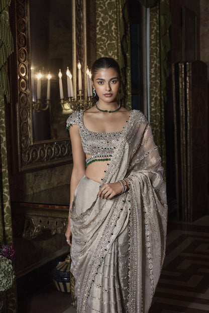 Champagne Emerald Crystal Saree