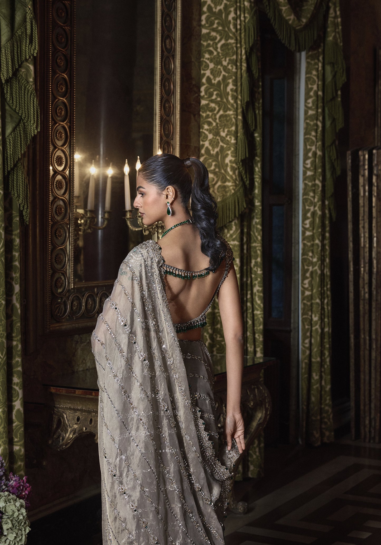 Champagne Emerald Crystal Saree