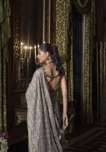 Champagne Emerald Crystal Saree