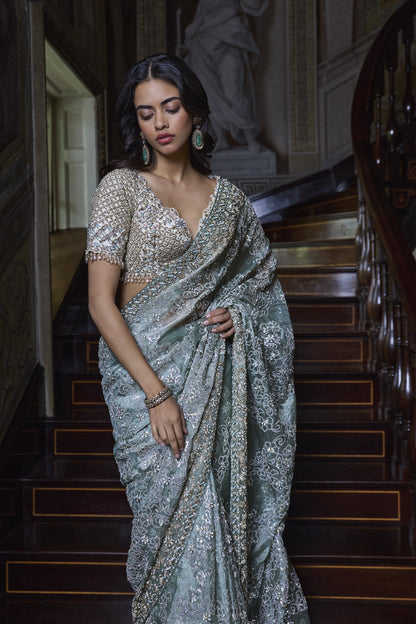 Ivory Sage Zardosi Saree