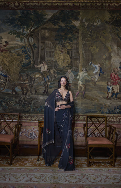 Black Crystal Georgette Saree