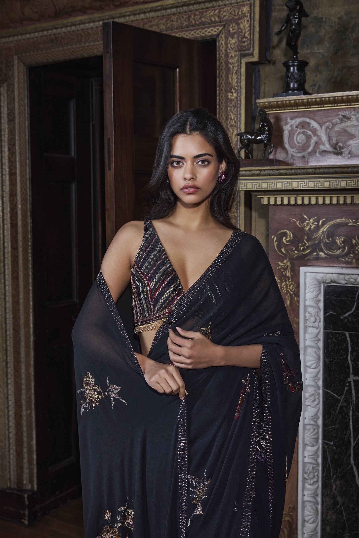 Black Crystal Georgette Saree