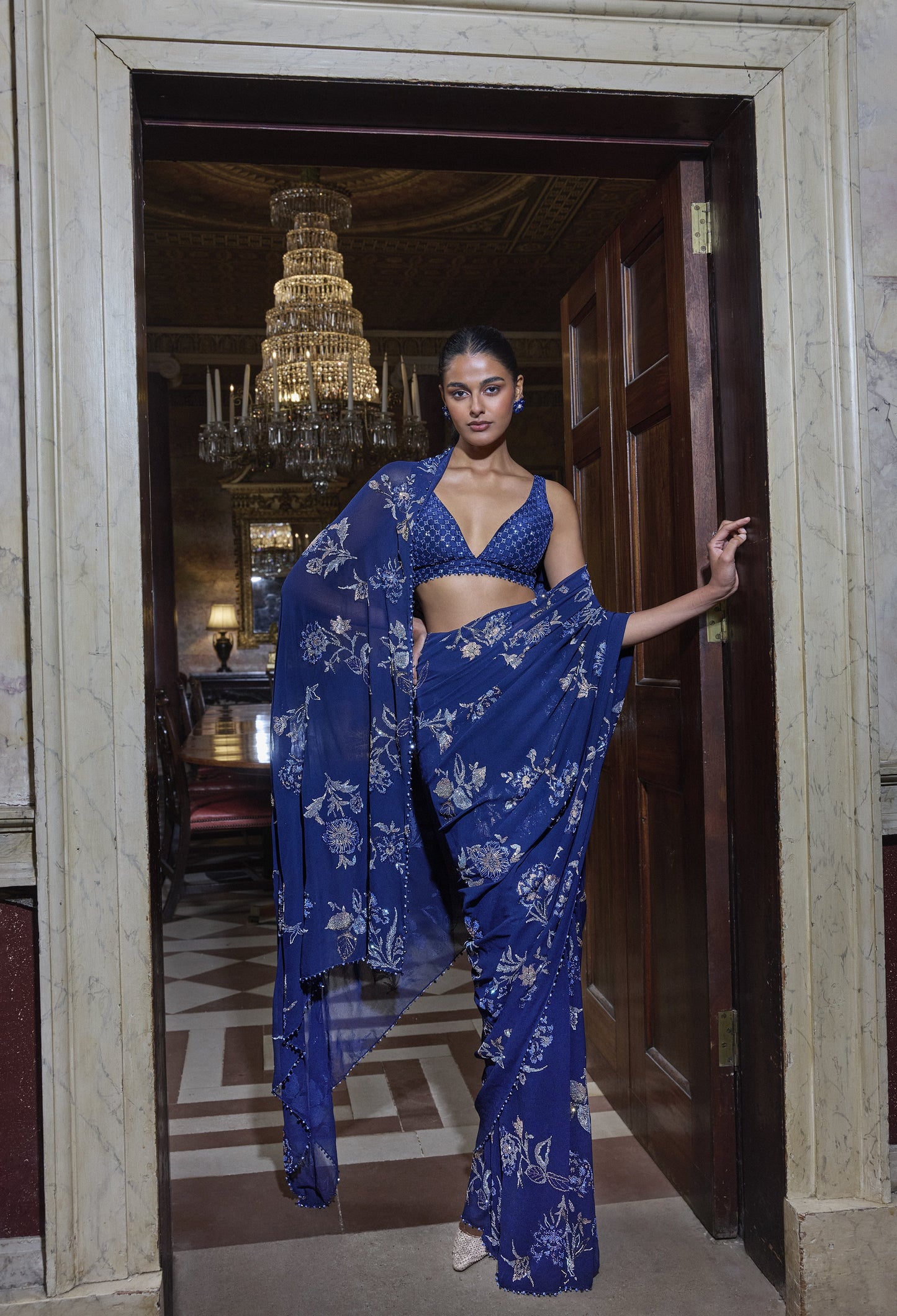 Navy Blue Floral Crystal Saree