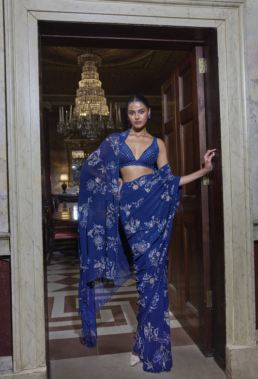 Navy Blue Floral Crystal Saree