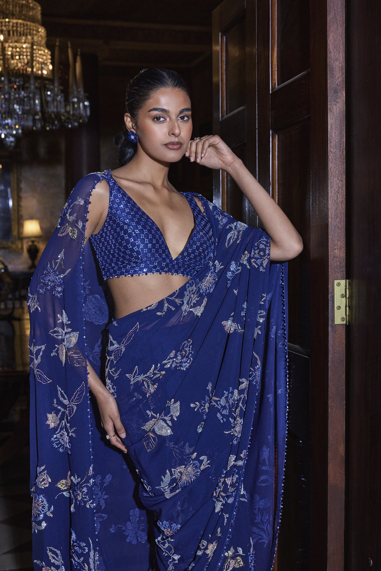 Navy Blue Floral Crystal Saree