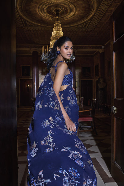 Navy Blue Floral Crystal Saree