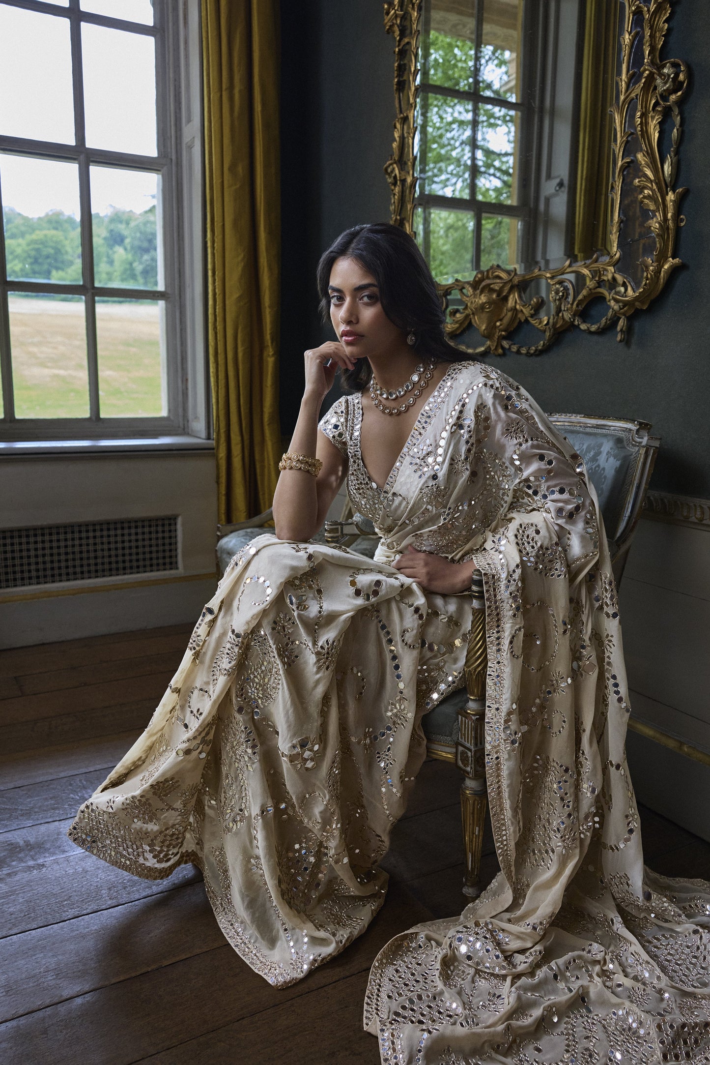 Beige Mirror Work Saree