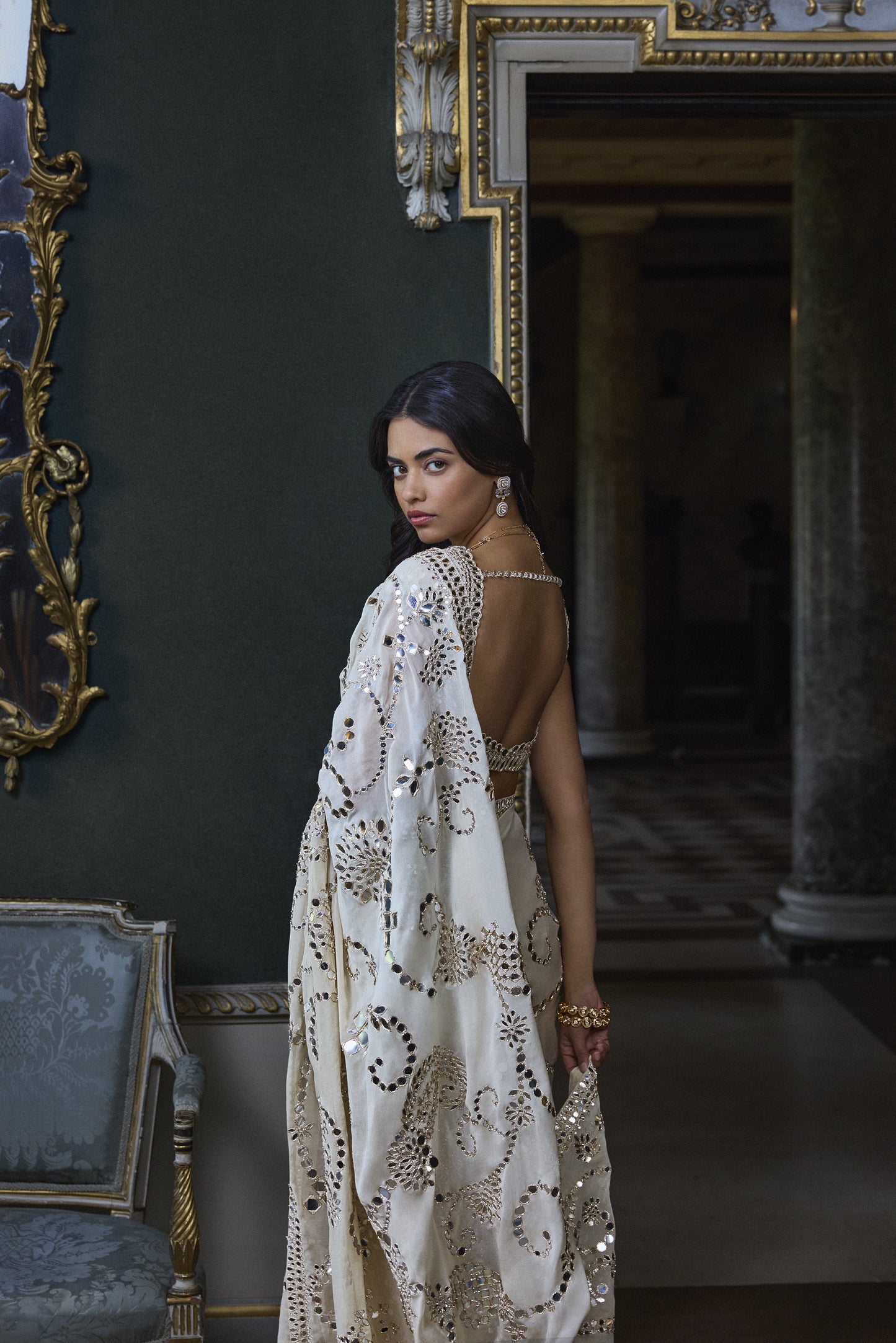 Beige Mirror Work Saree