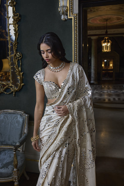 Beige Mirror Work Saree