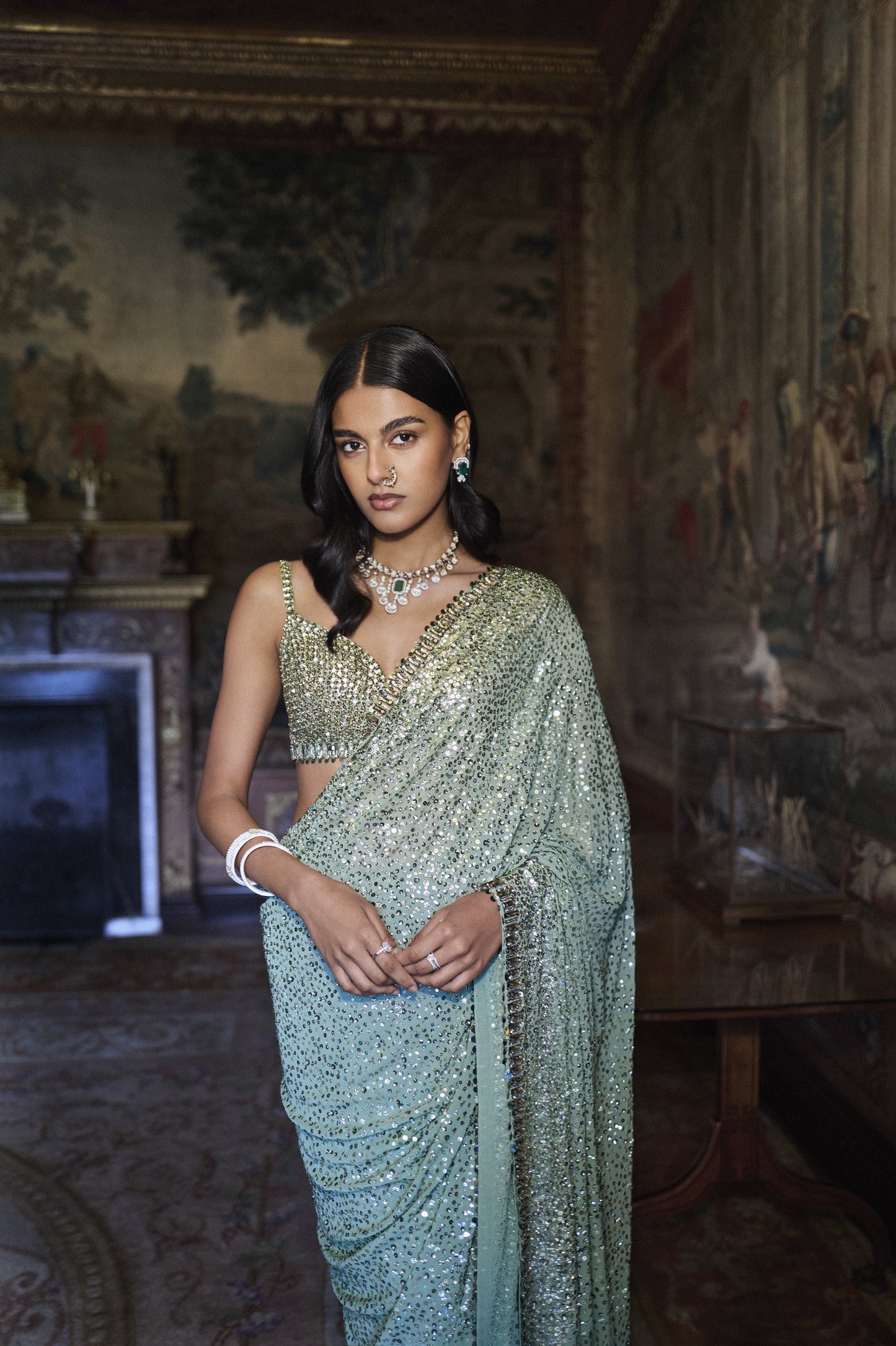 Moss Green Sequin Saree