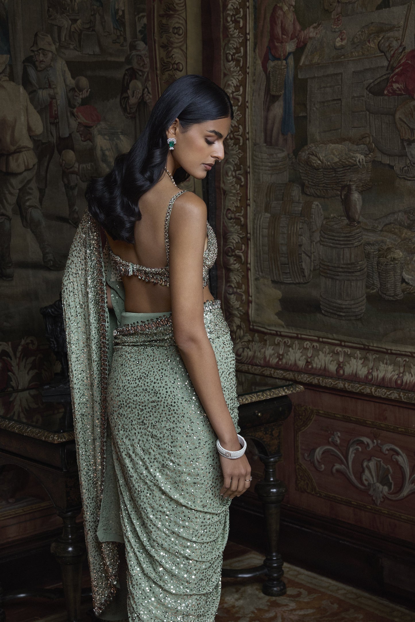 Moss Green Sequin Saree