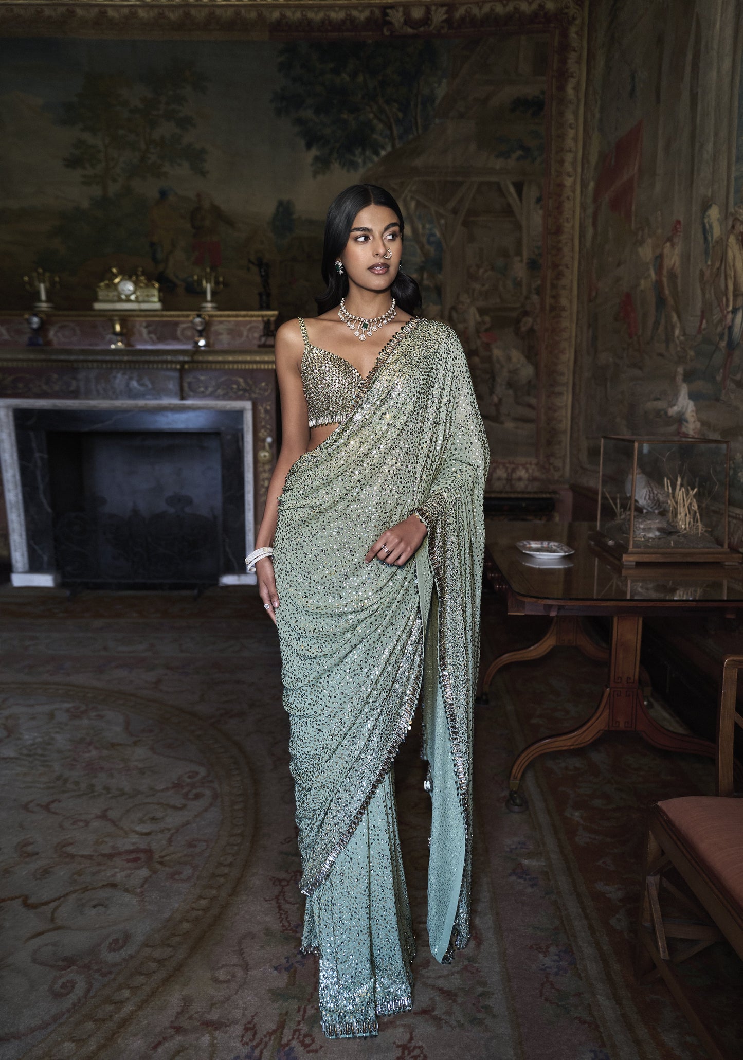 Moss Green Sequin Saree