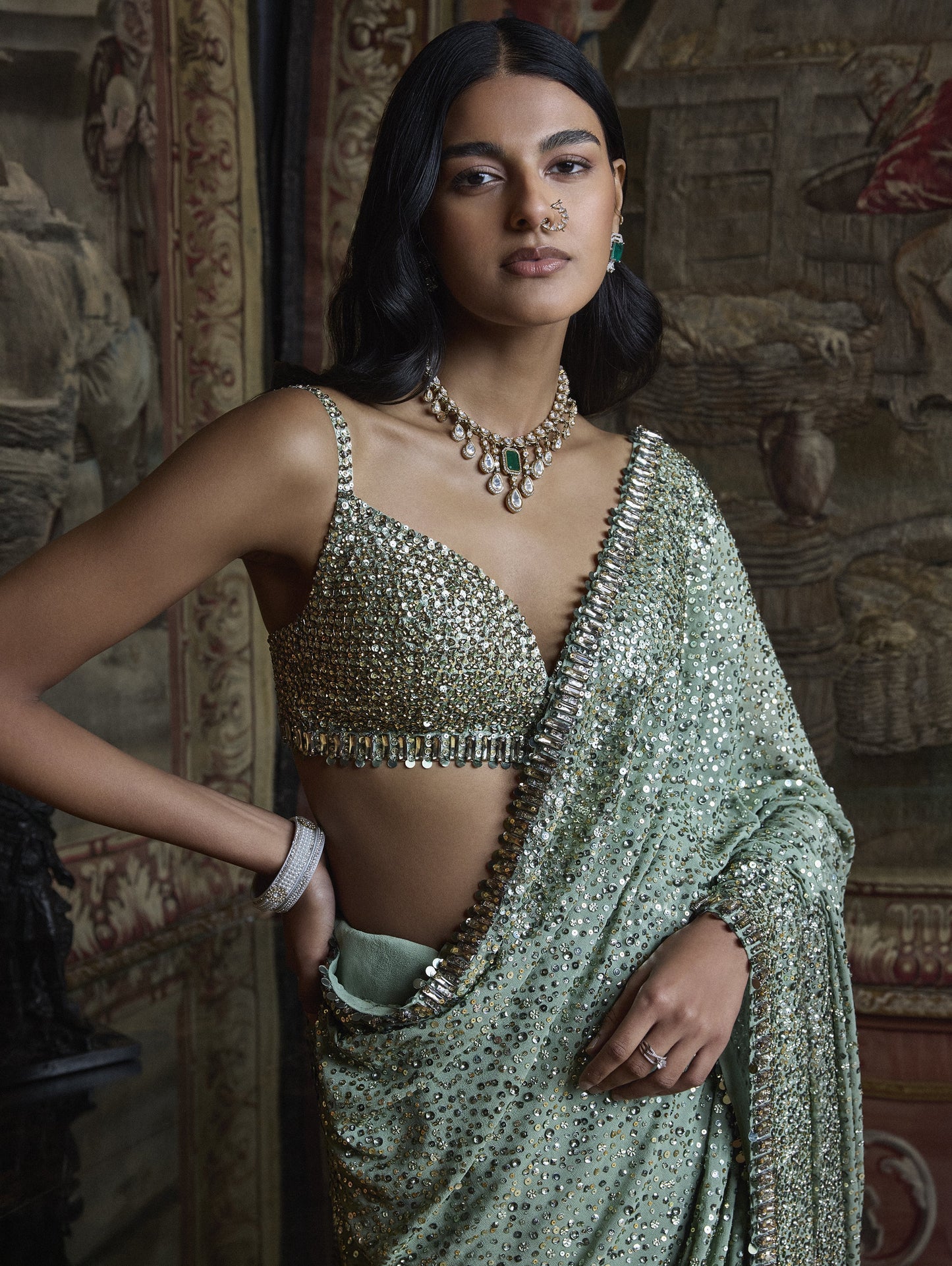 Moss Green Sequin Saree
