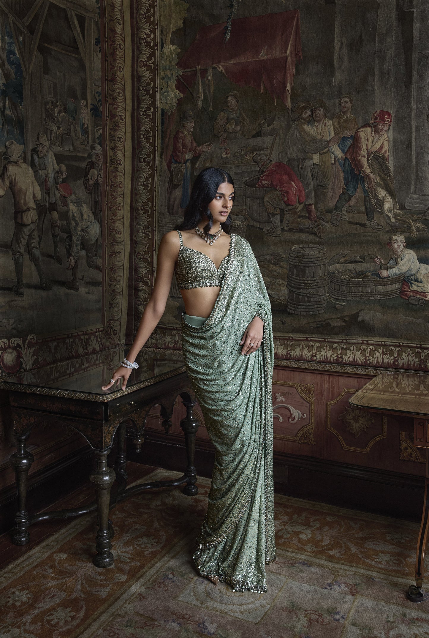 Moss Green Sequin Saree