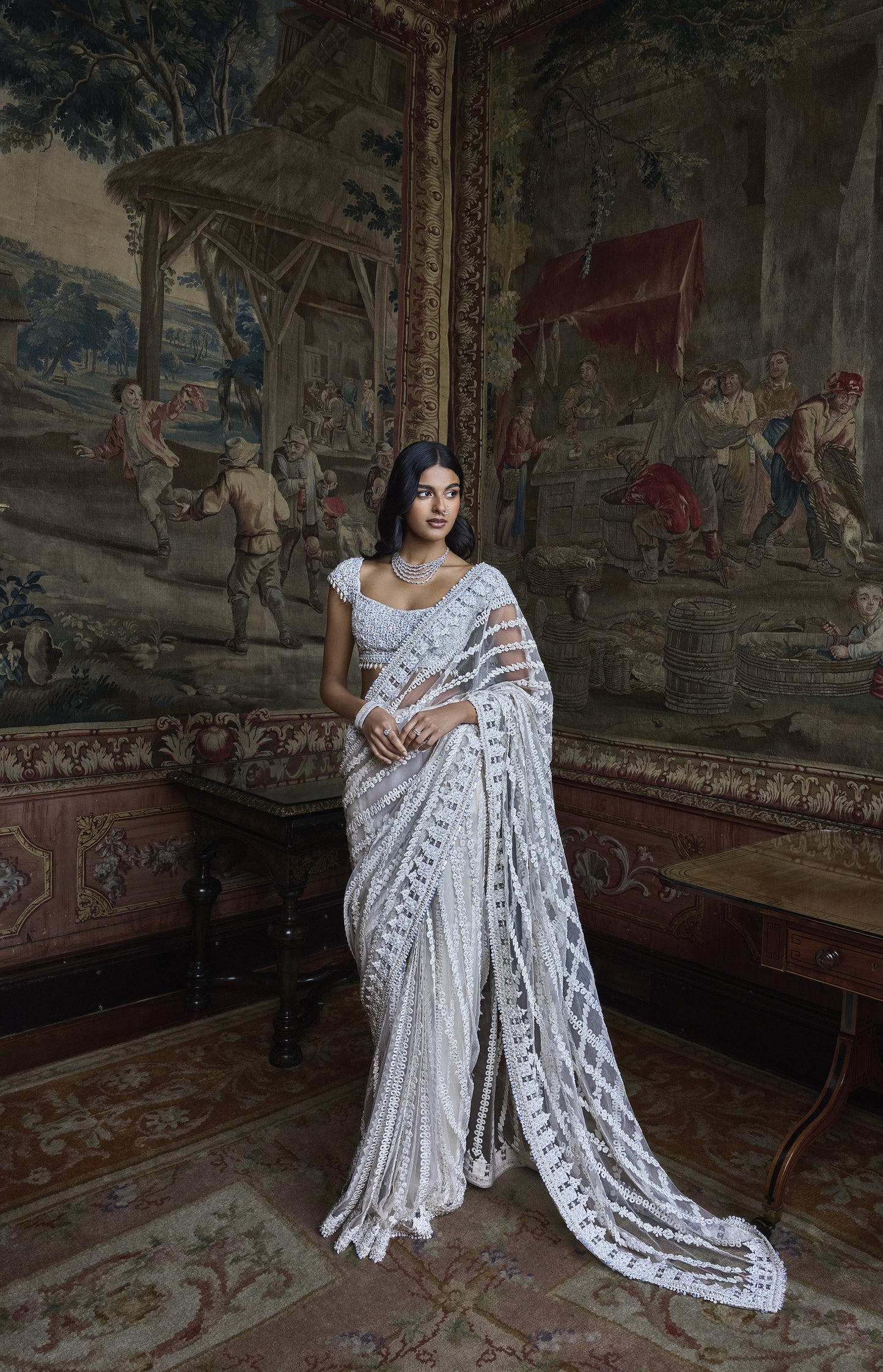 Slate Ivory Stripe Saree