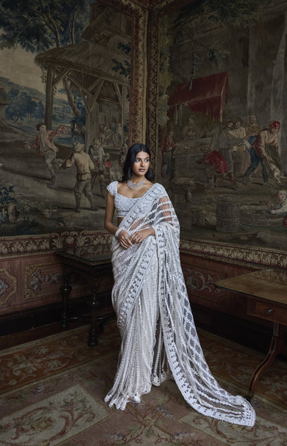 Slate Ivory Stripe Saree