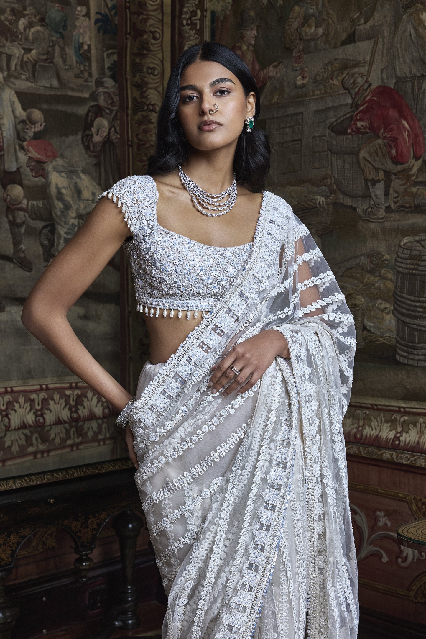 Slate Ivory Stripe Saree