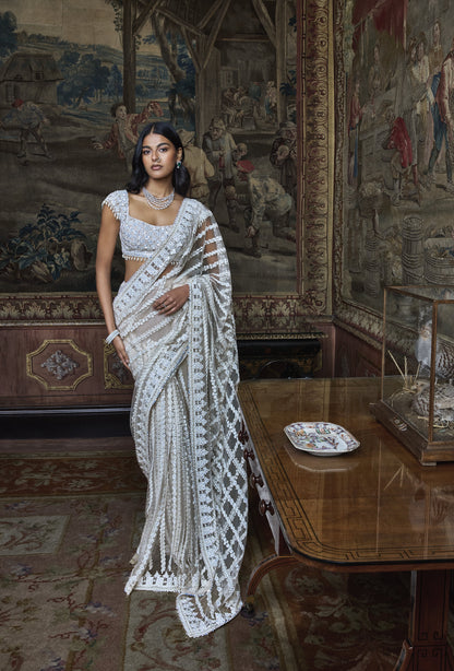 Slate Ivory Stripe Saree