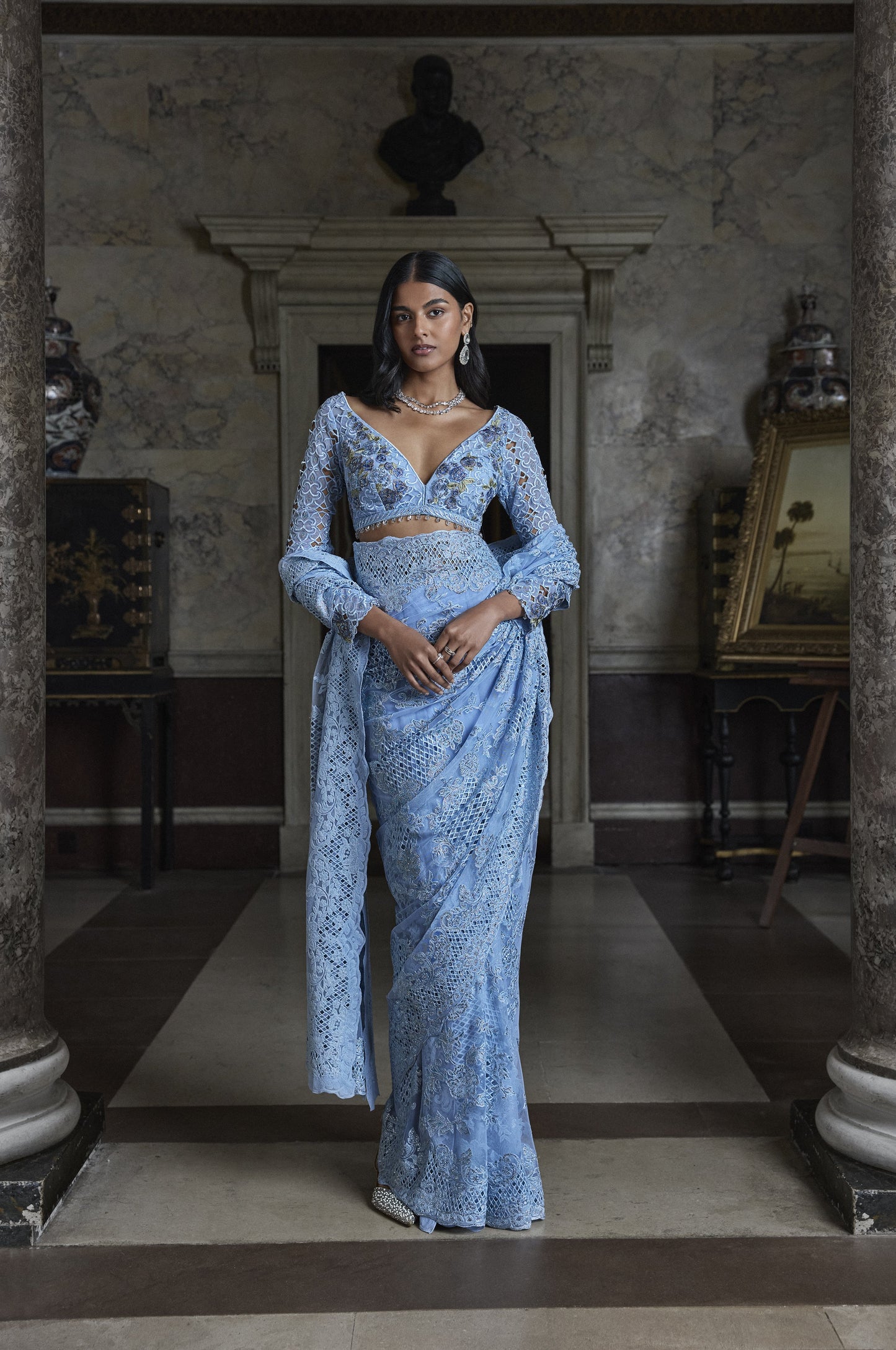 Powder Blue Thread Work Saree