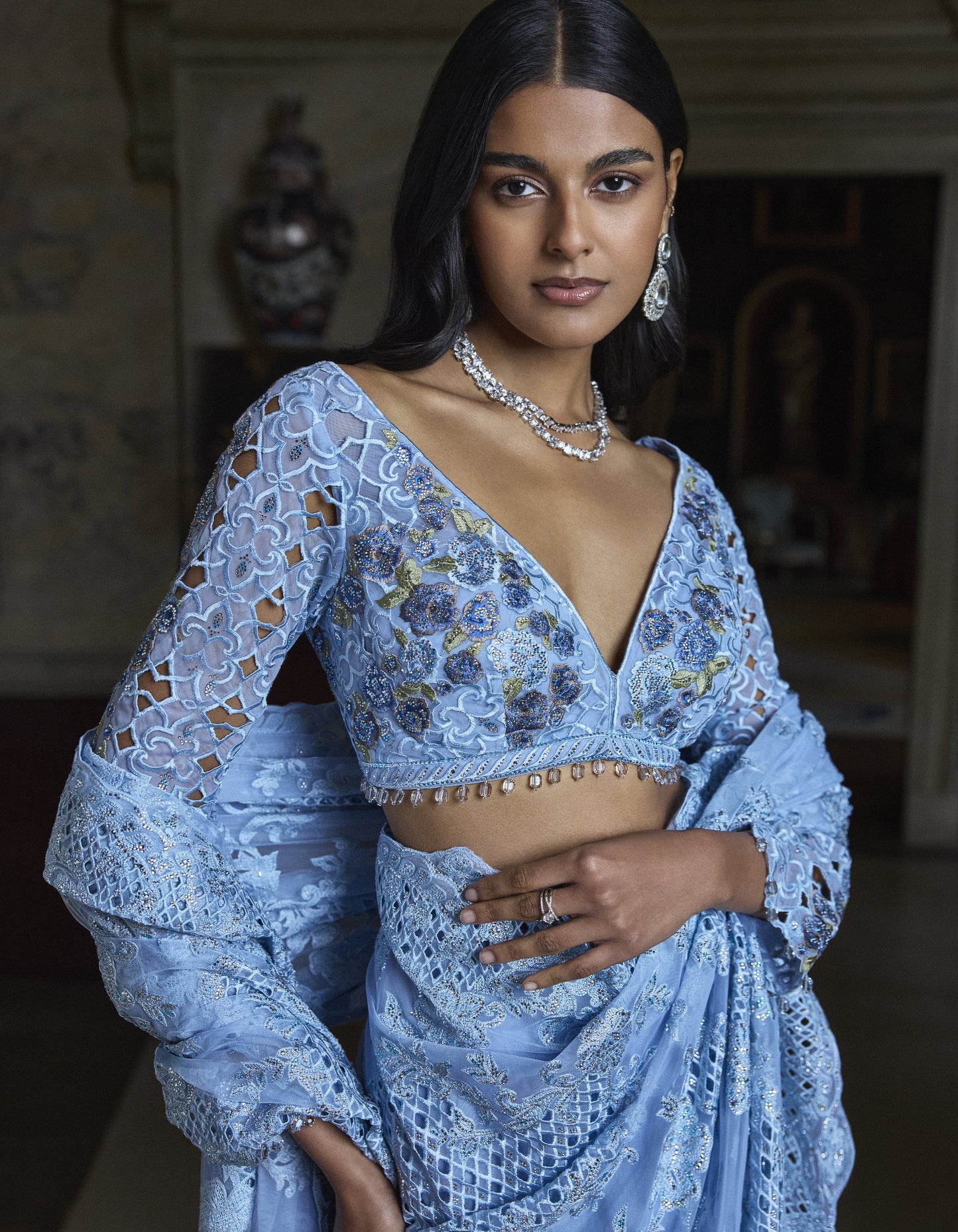 Powder Blue Thread Work Saree