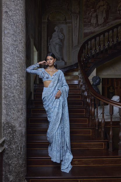 Powder Blue Thread Work Saree