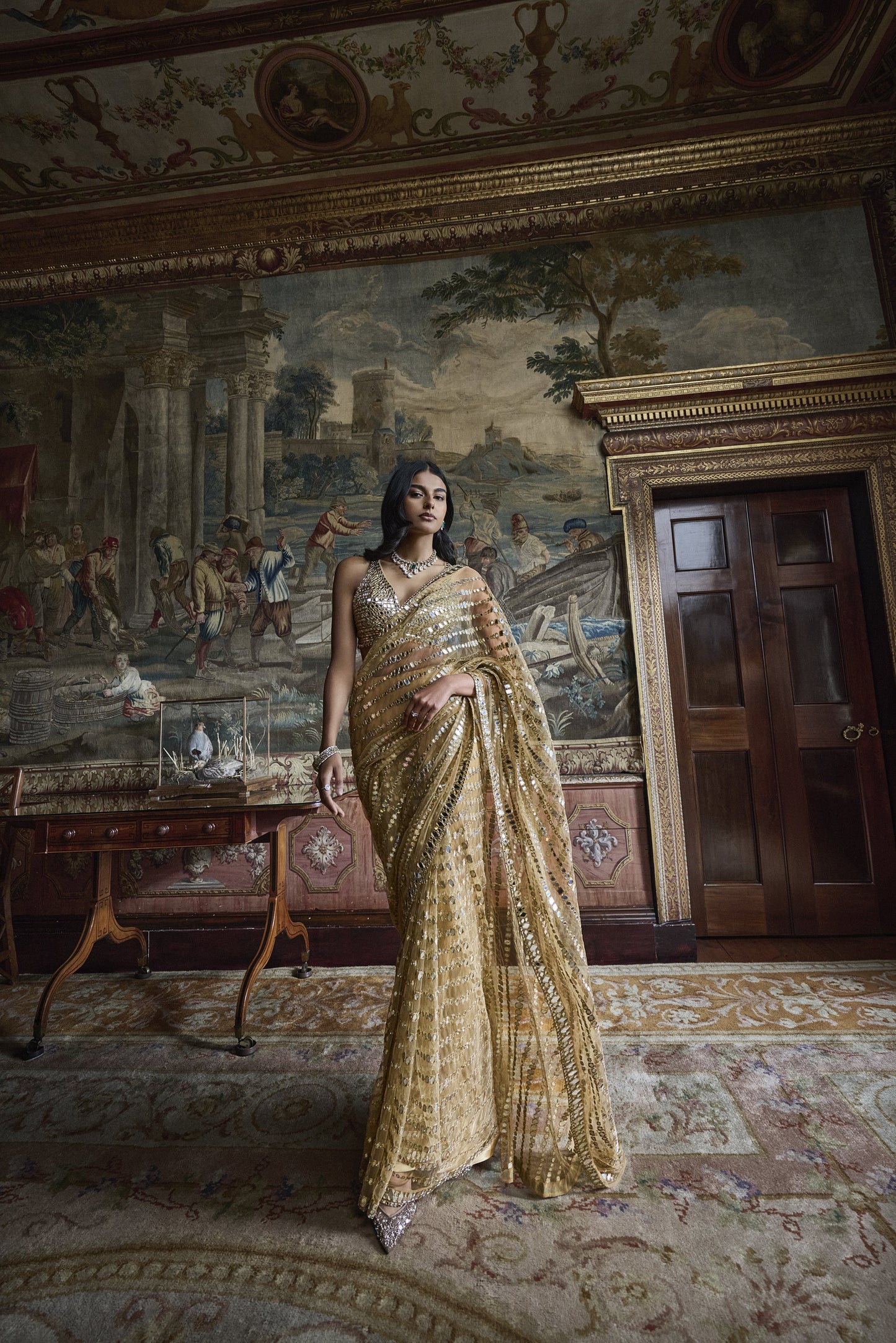 Gold Mirror Work Saree