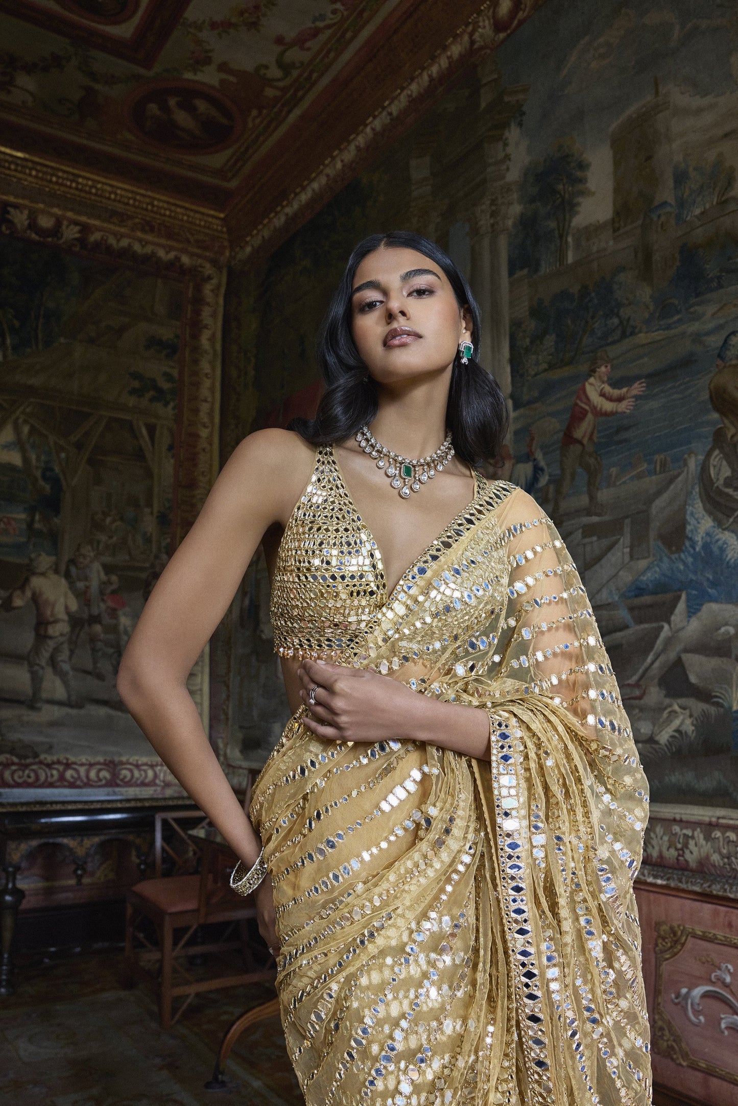 Gold Mirror Work Saree