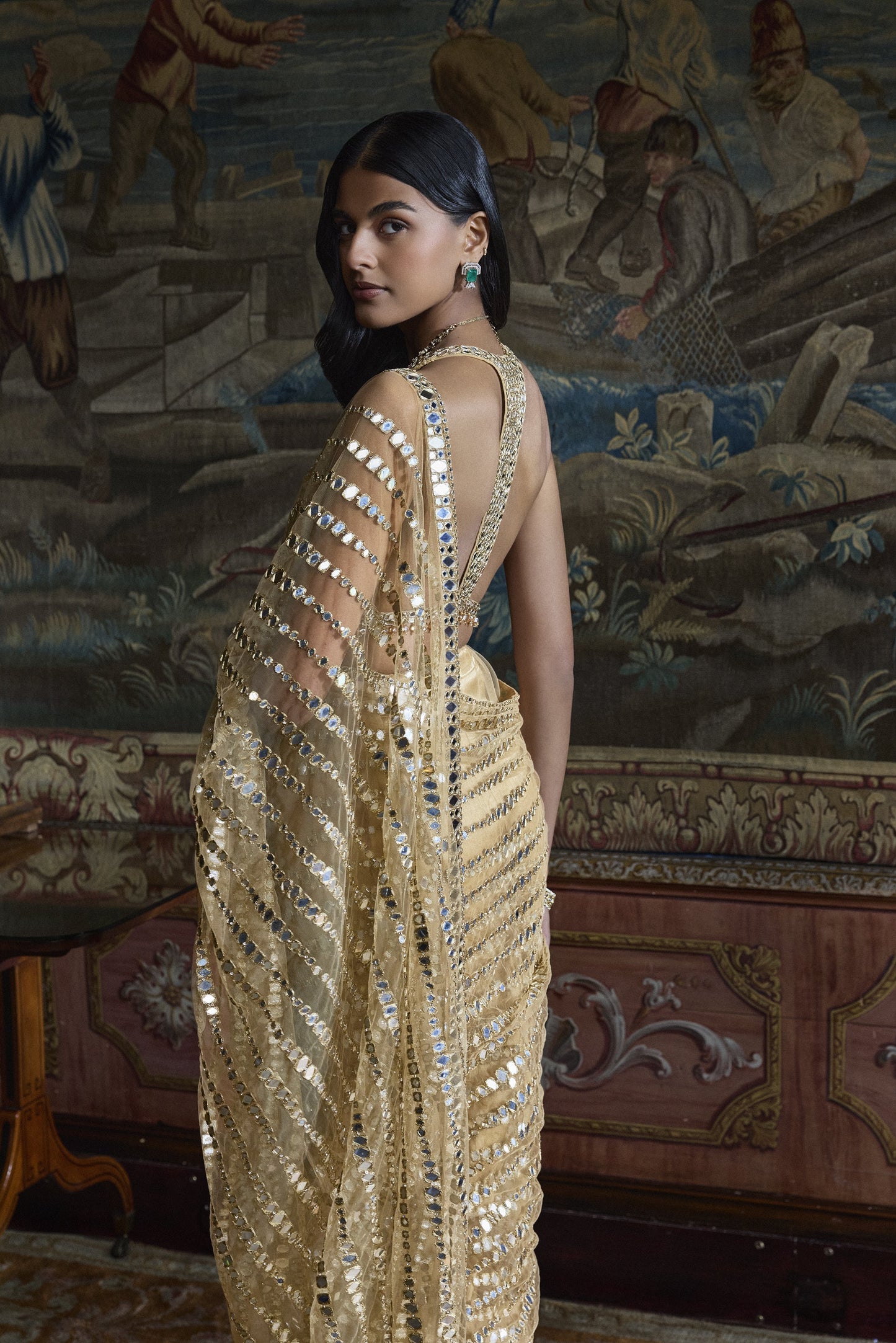 Gold Mirror Work Saree