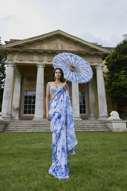 Ivory & Blue Sequin Saree