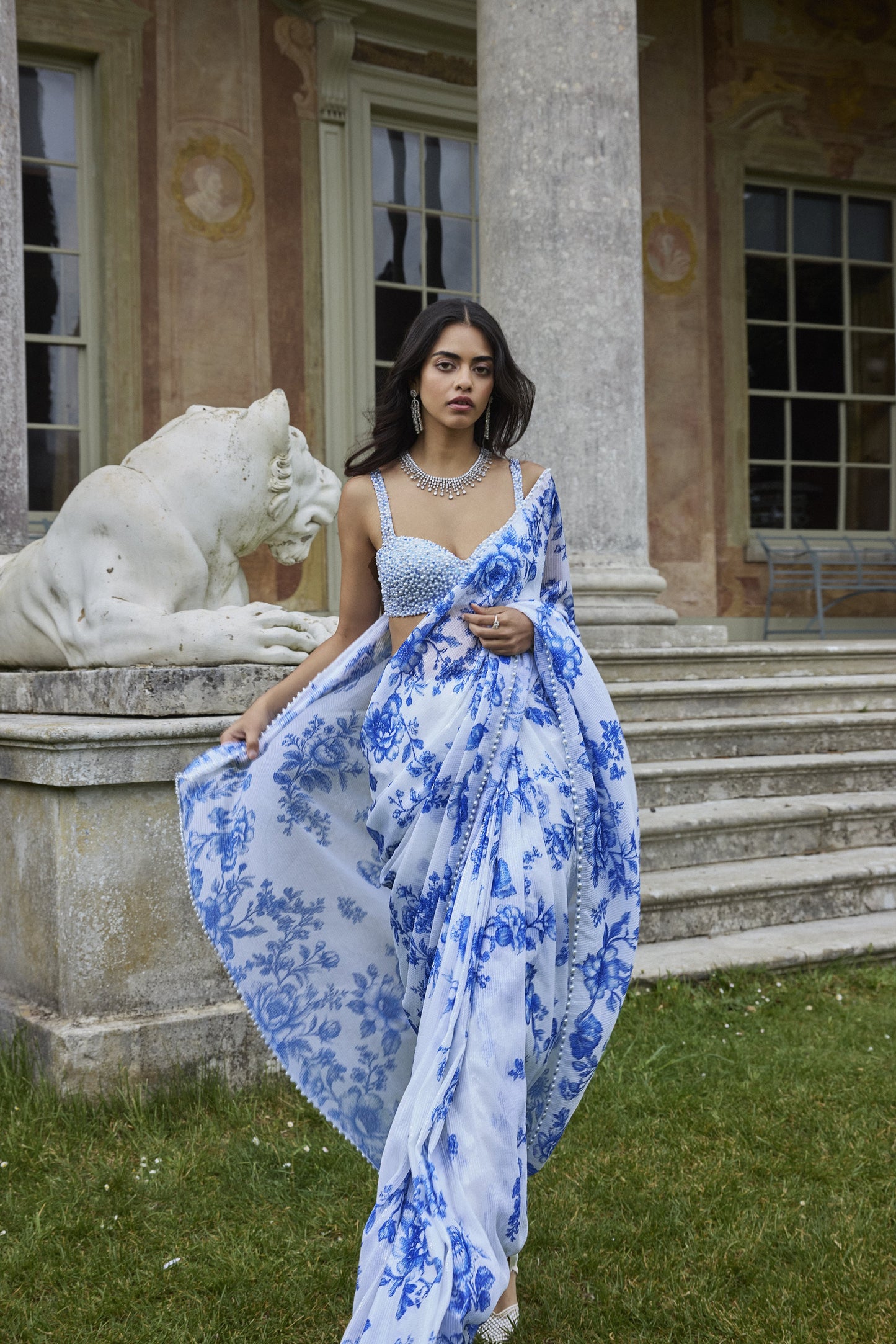 Ivory & Blue Sequin Saree