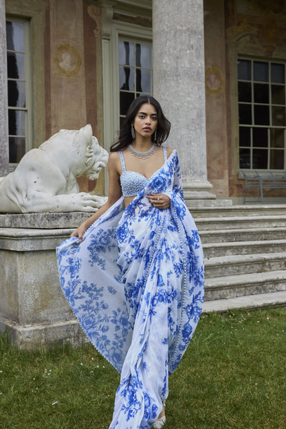 Ivory & Blue Sequin Saree