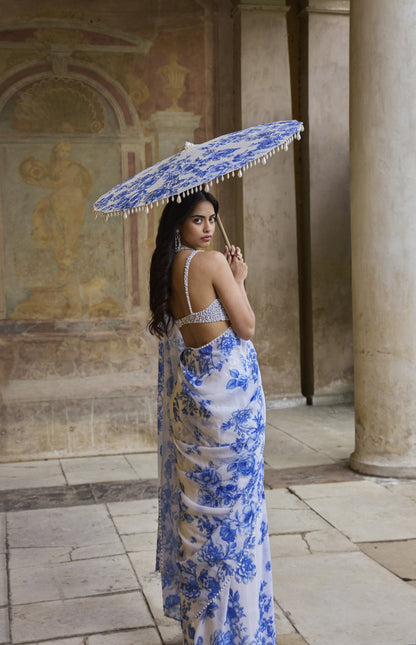 Ivory & Blue Sequin Saree
