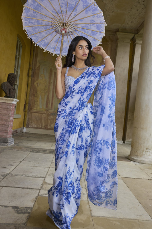 Ivory & Blue Sequin Saree