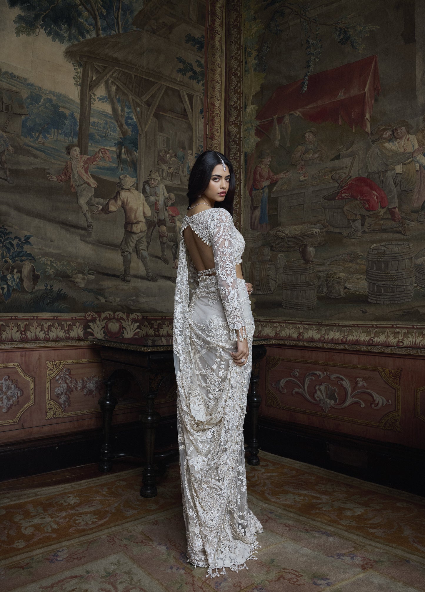 Ivory Pearl Sequin Saree