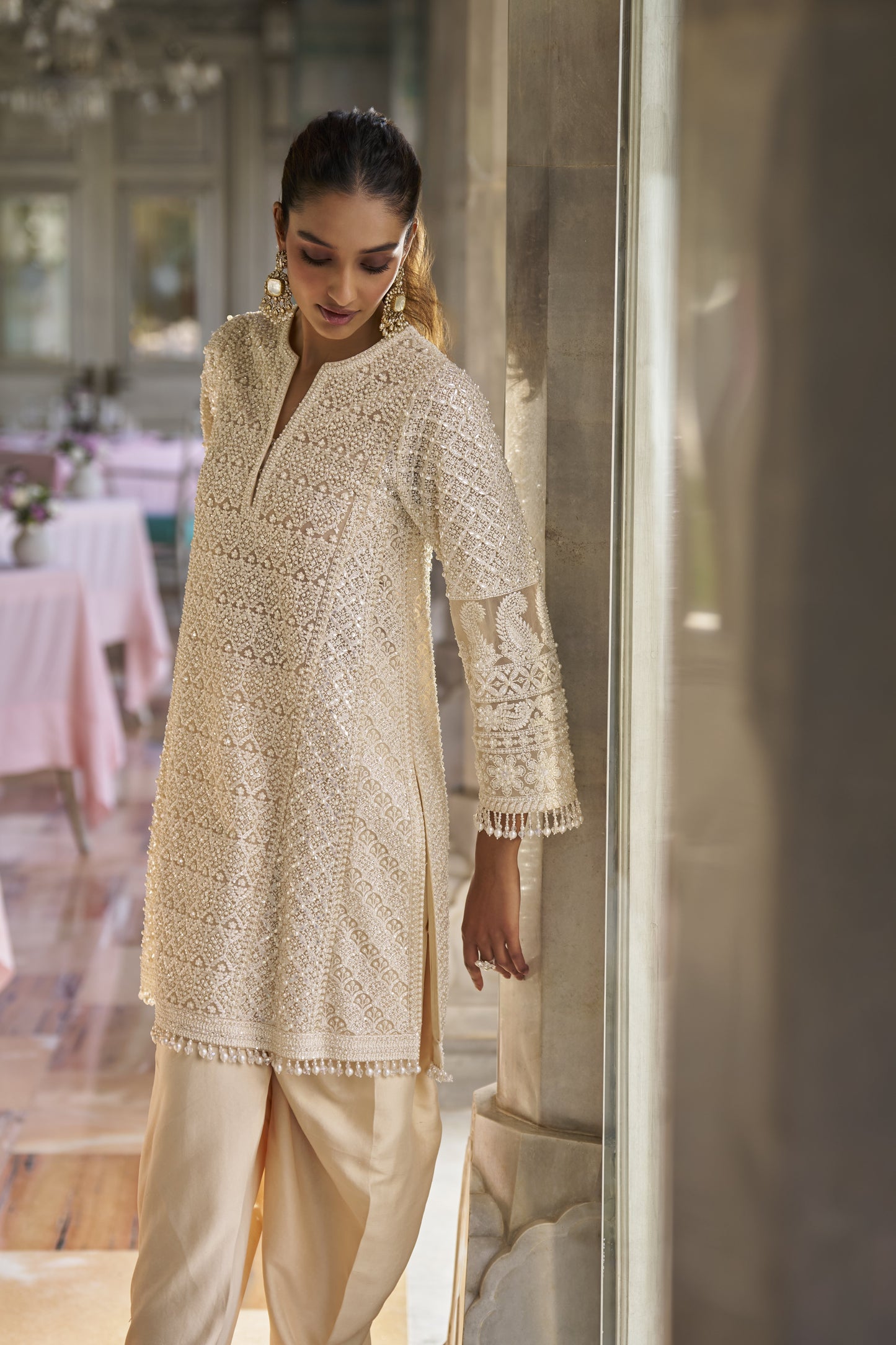 Cream Pearl Dhoti Set