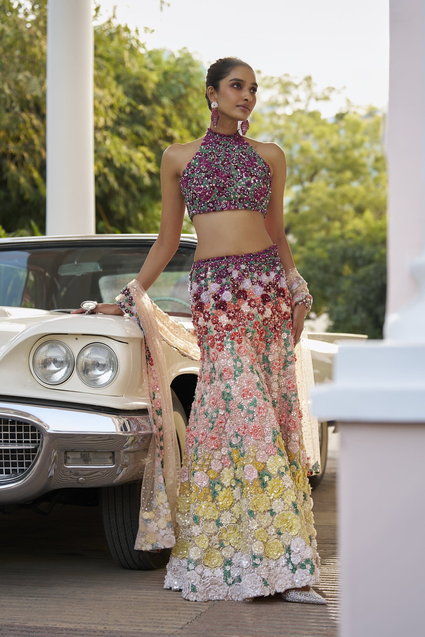 Ombre Multi-Coloured Three-Dimensional Floral Sharara Set