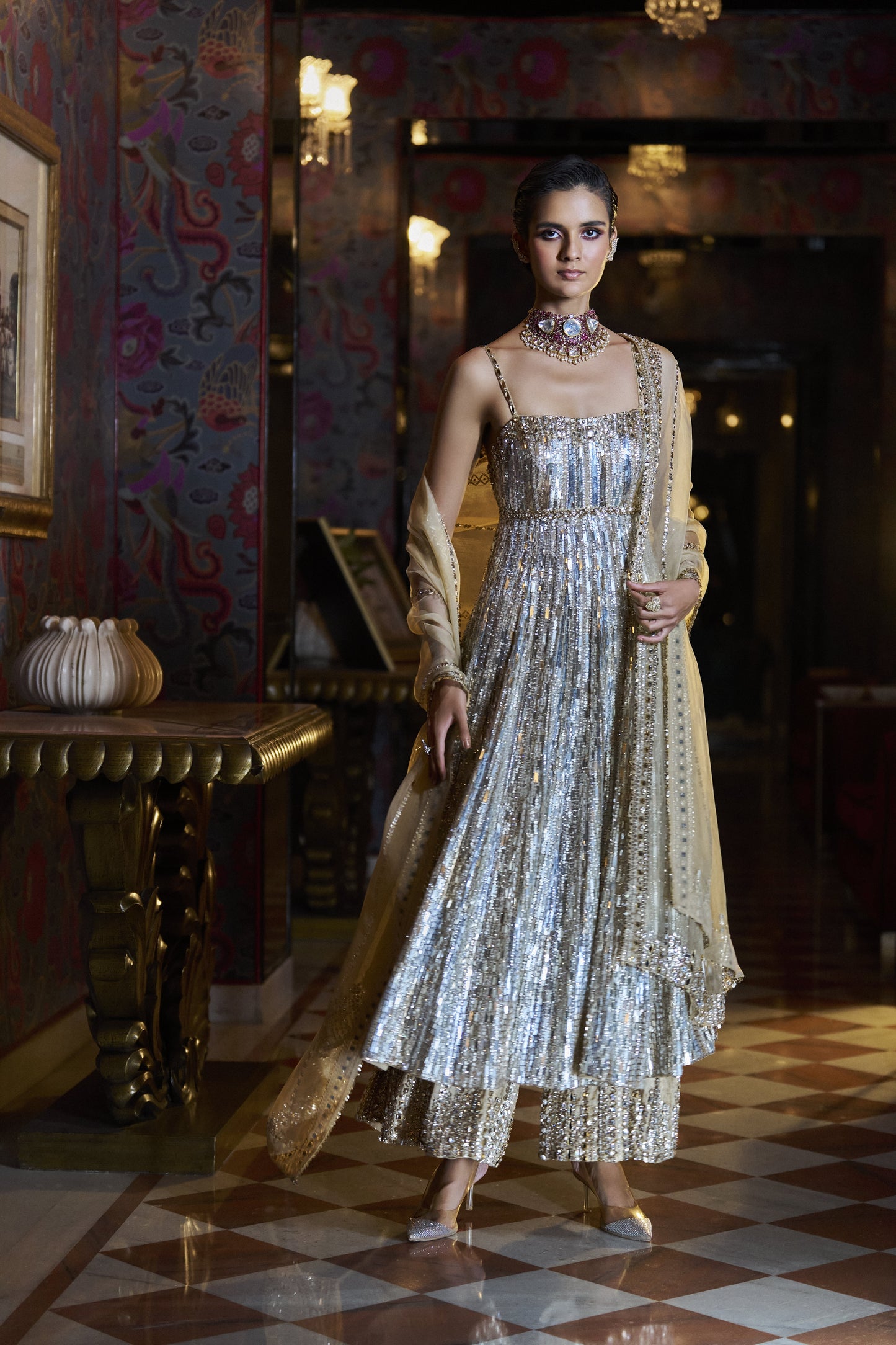 Gold Silver Crystal Sharara Set