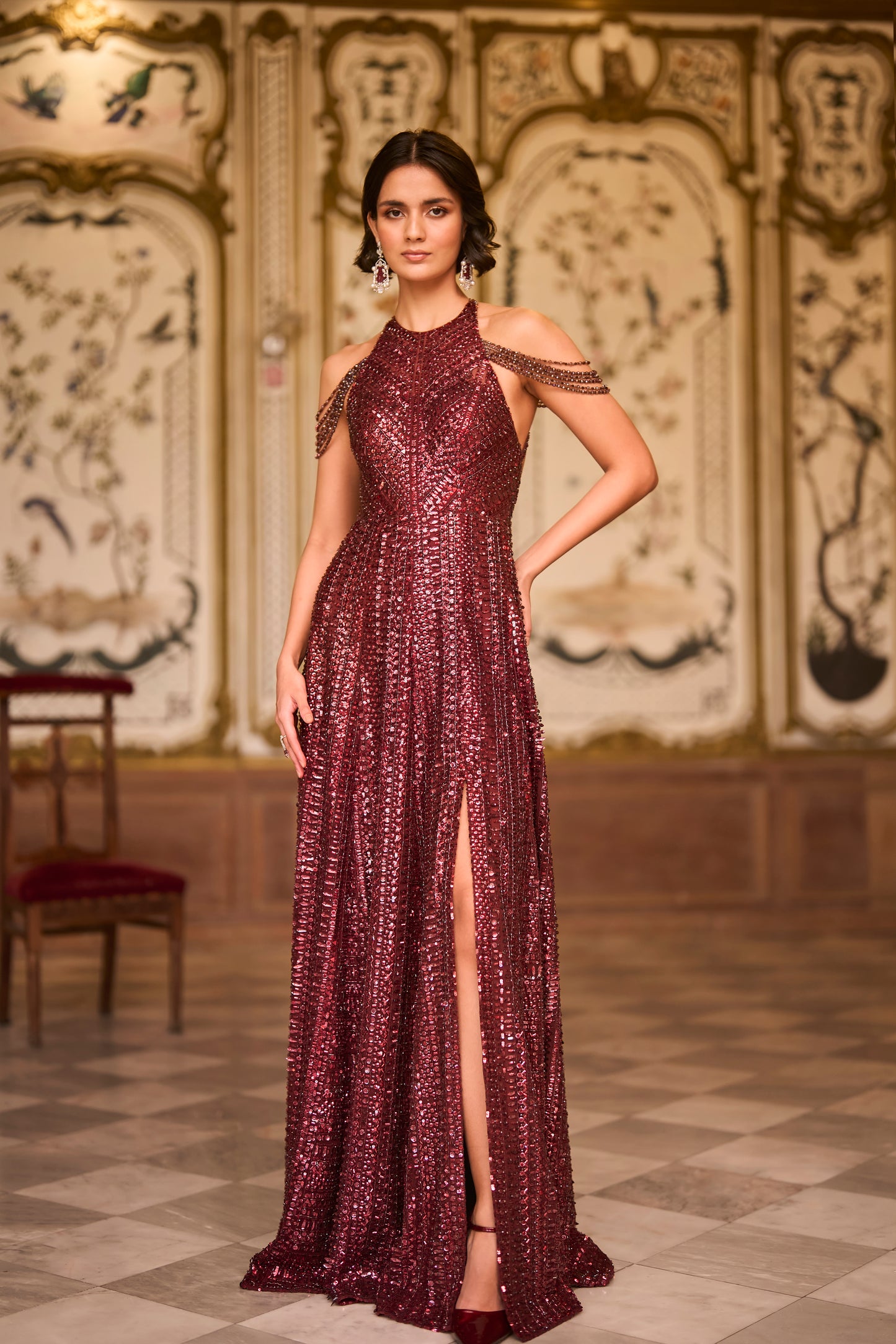 Maroon Sequin Halter Neck Gown