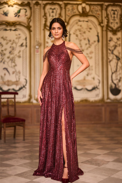 Maroon Sequin Halter Neck Gown