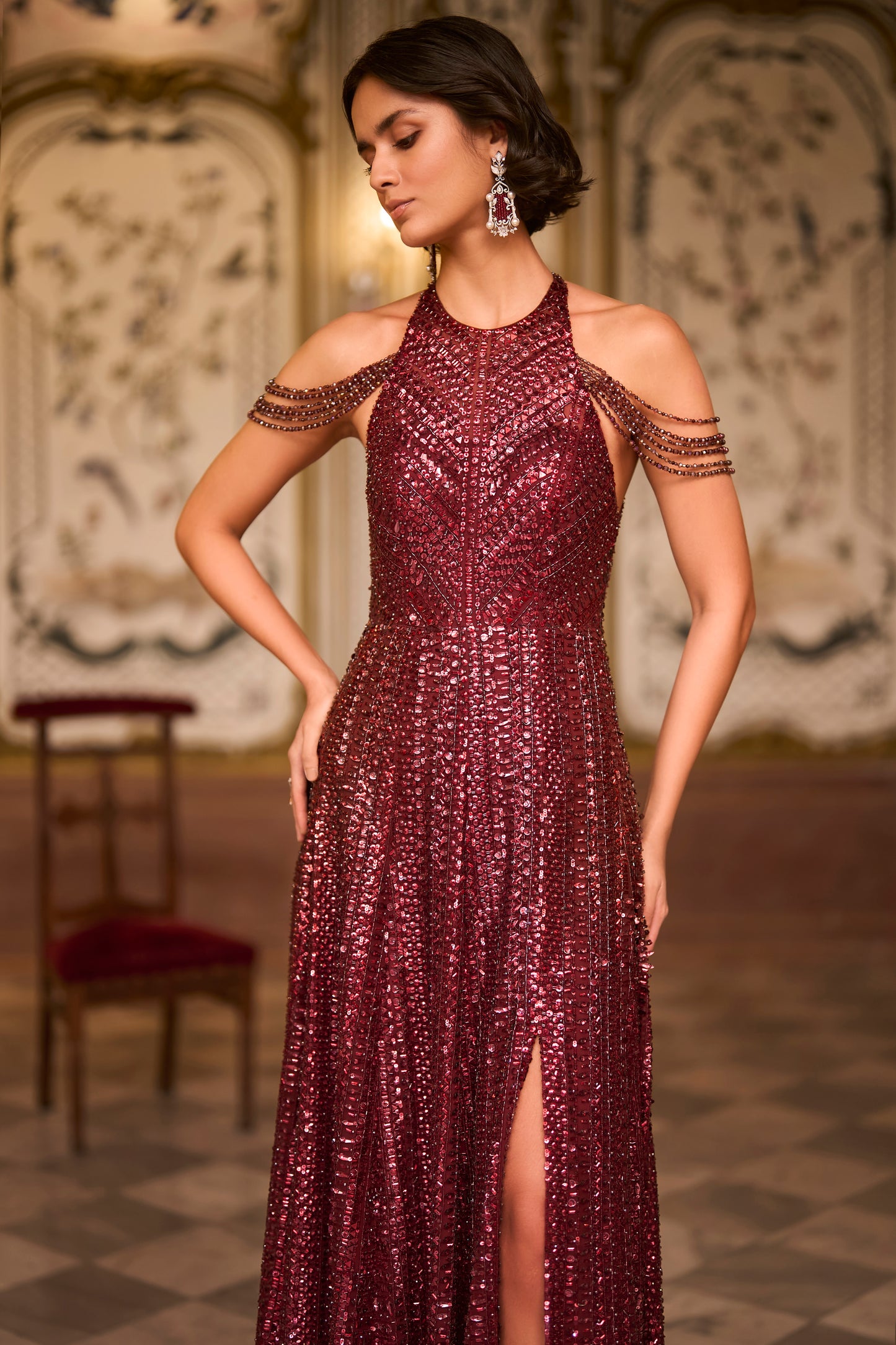 Maroon Sequin Halter Neck Gown