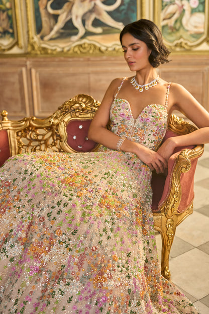 Nude Multi-Coloured Floral Gown