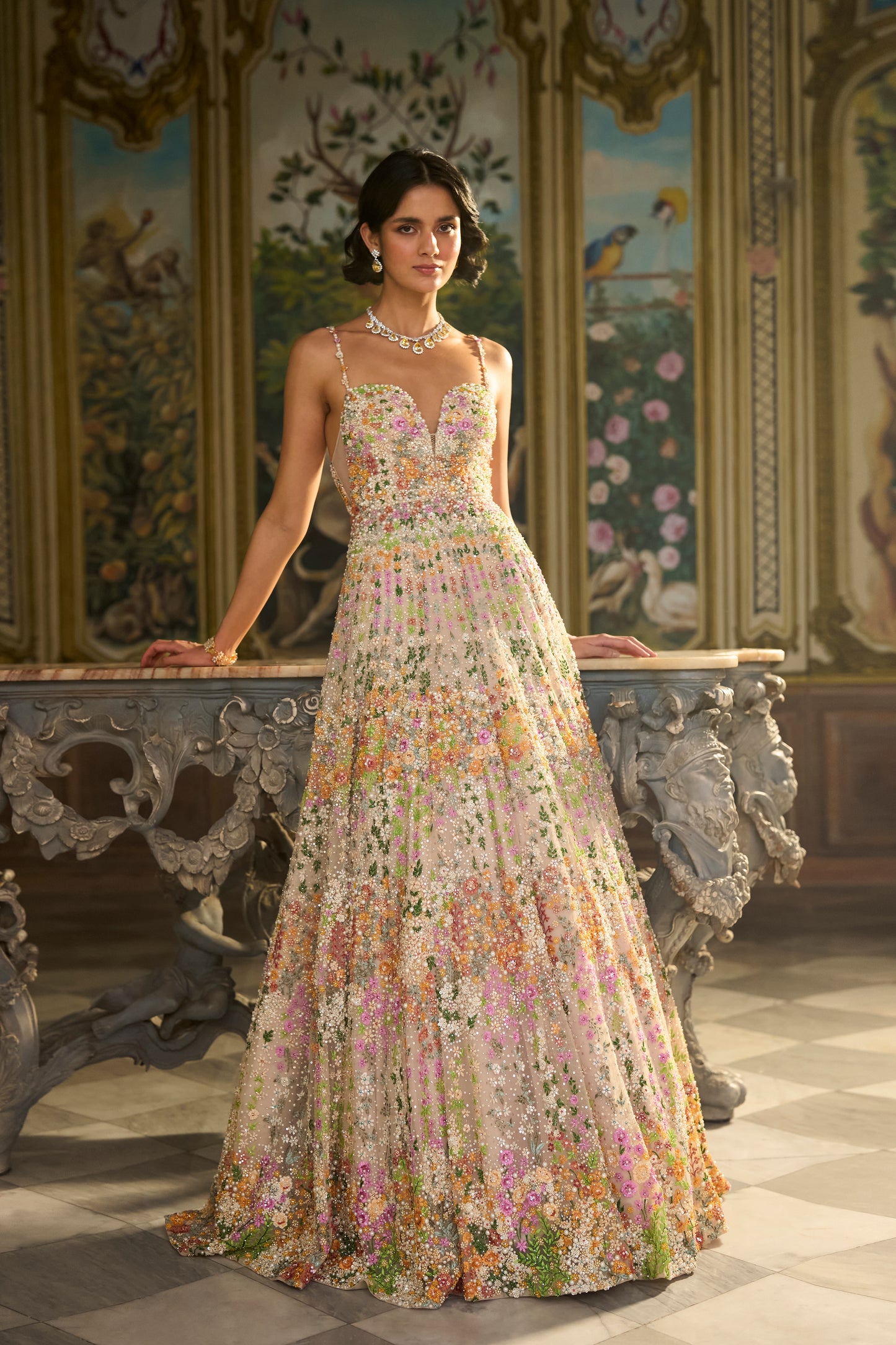 Nude Multi-Coloured Floral Gown