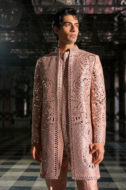 Rose Gold Mirror Work Sherwani Set