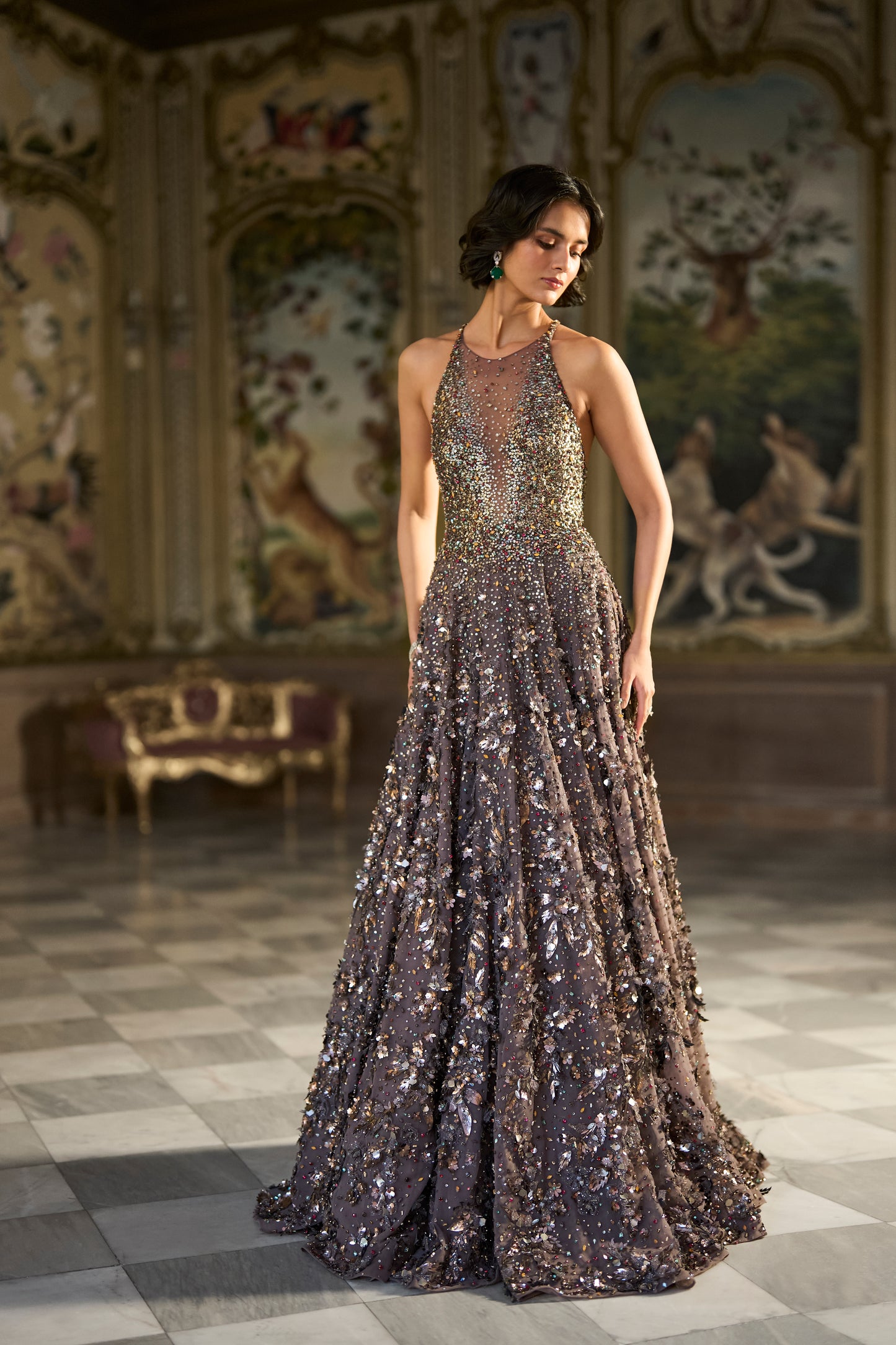 Metallic Antique Silver 3D Gown