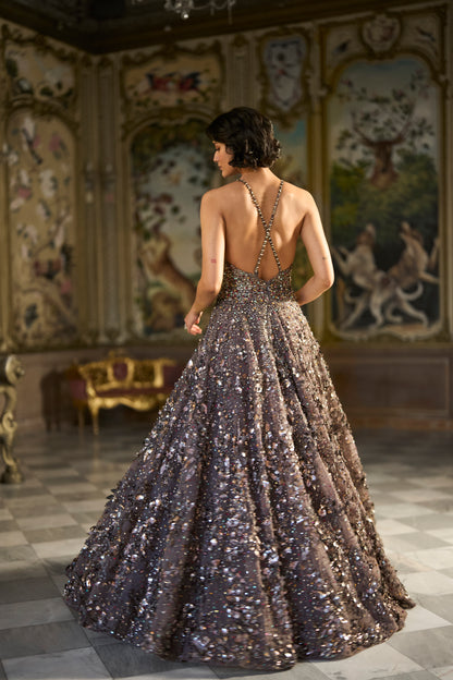 Metallic Antique Silver 3D Gown