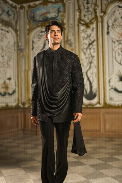 Black Draped Bandhgala Set