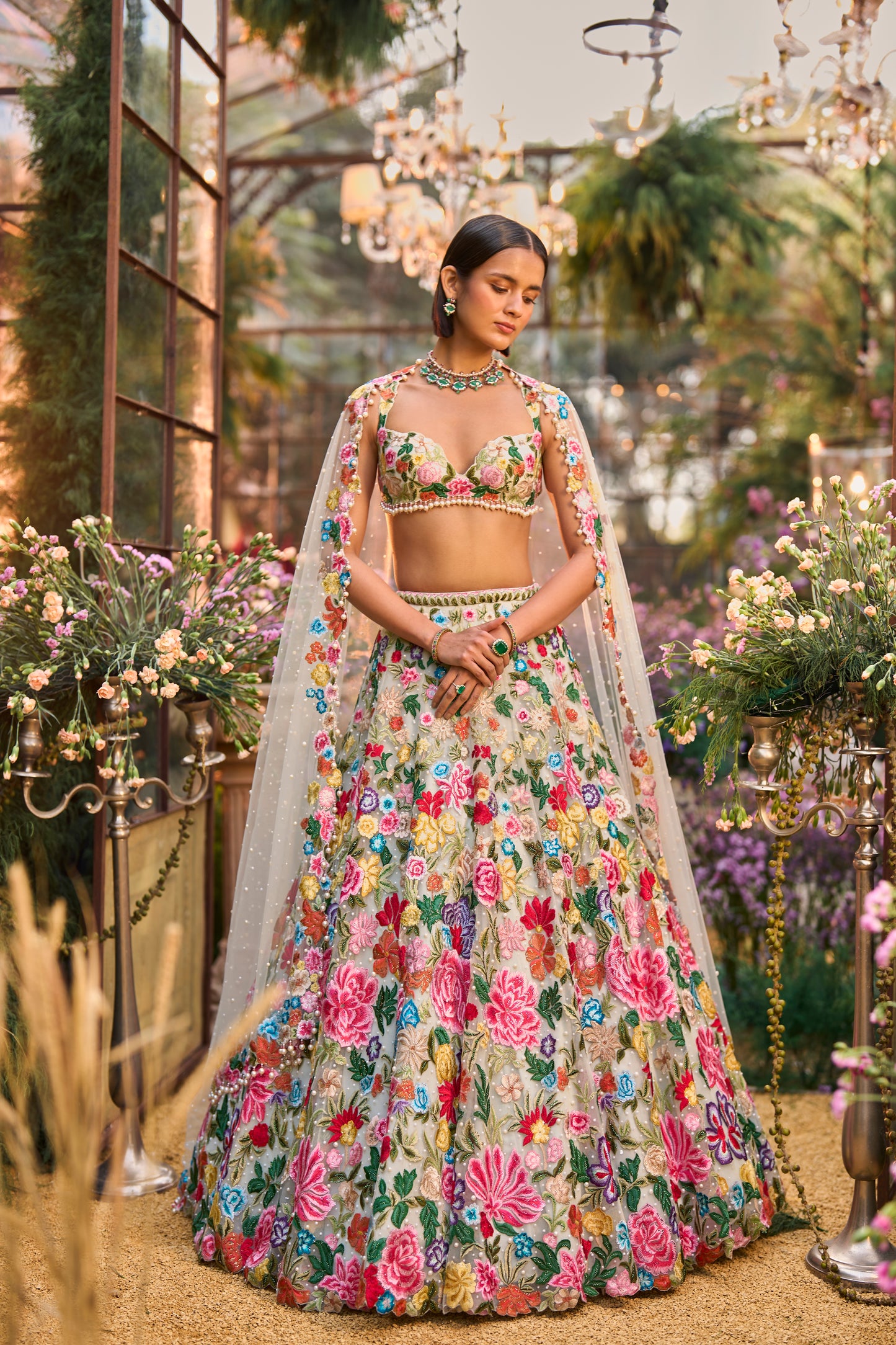 Multi-Coloured Floral Lehenga Set