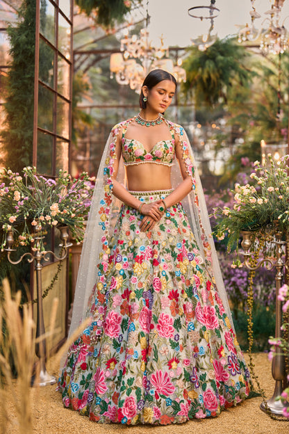 Multi-Coloured Floral Lehenga Set